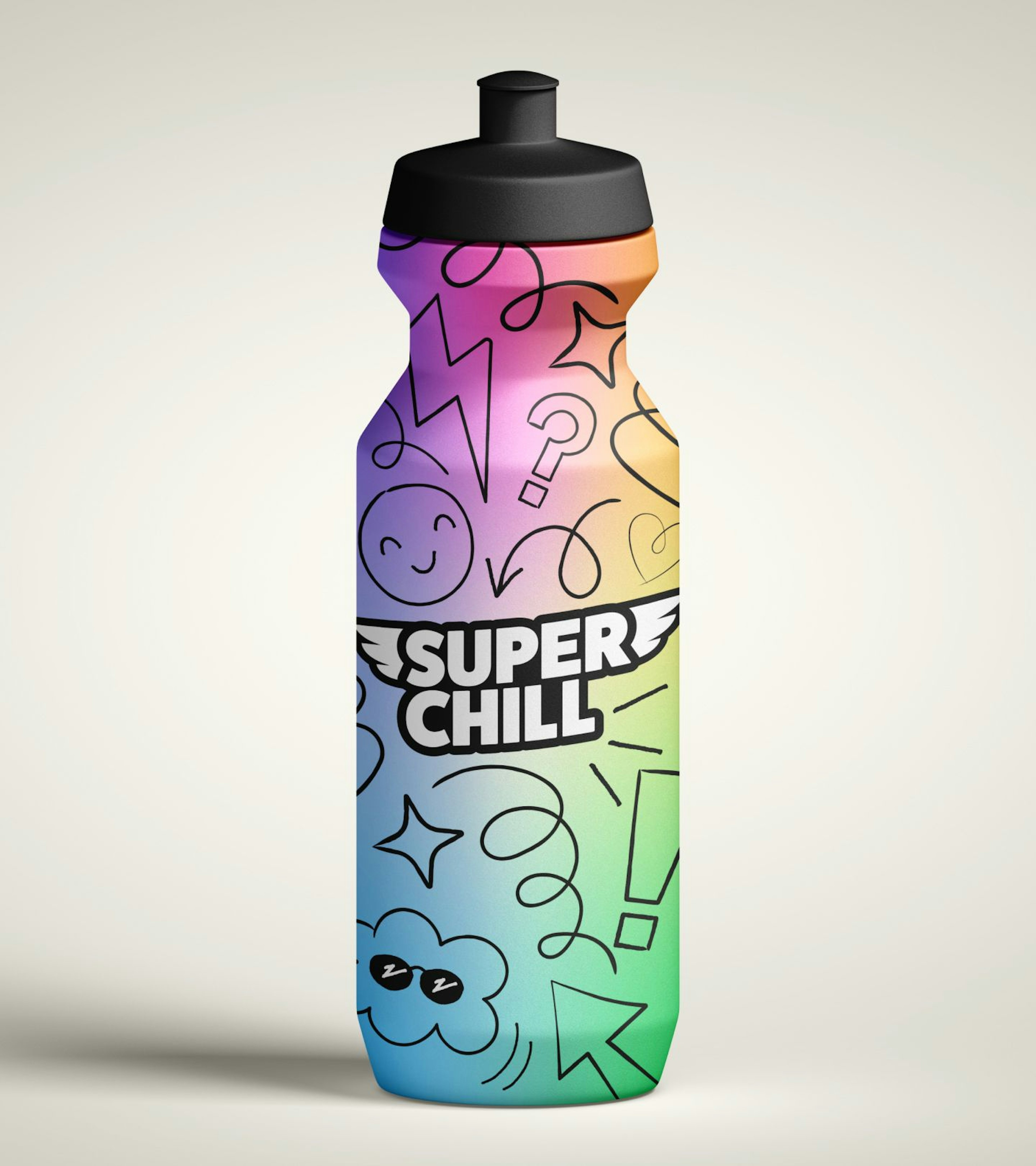 A cup showing the design for Super Chill. Children can take this cup to school or use it while playing sports