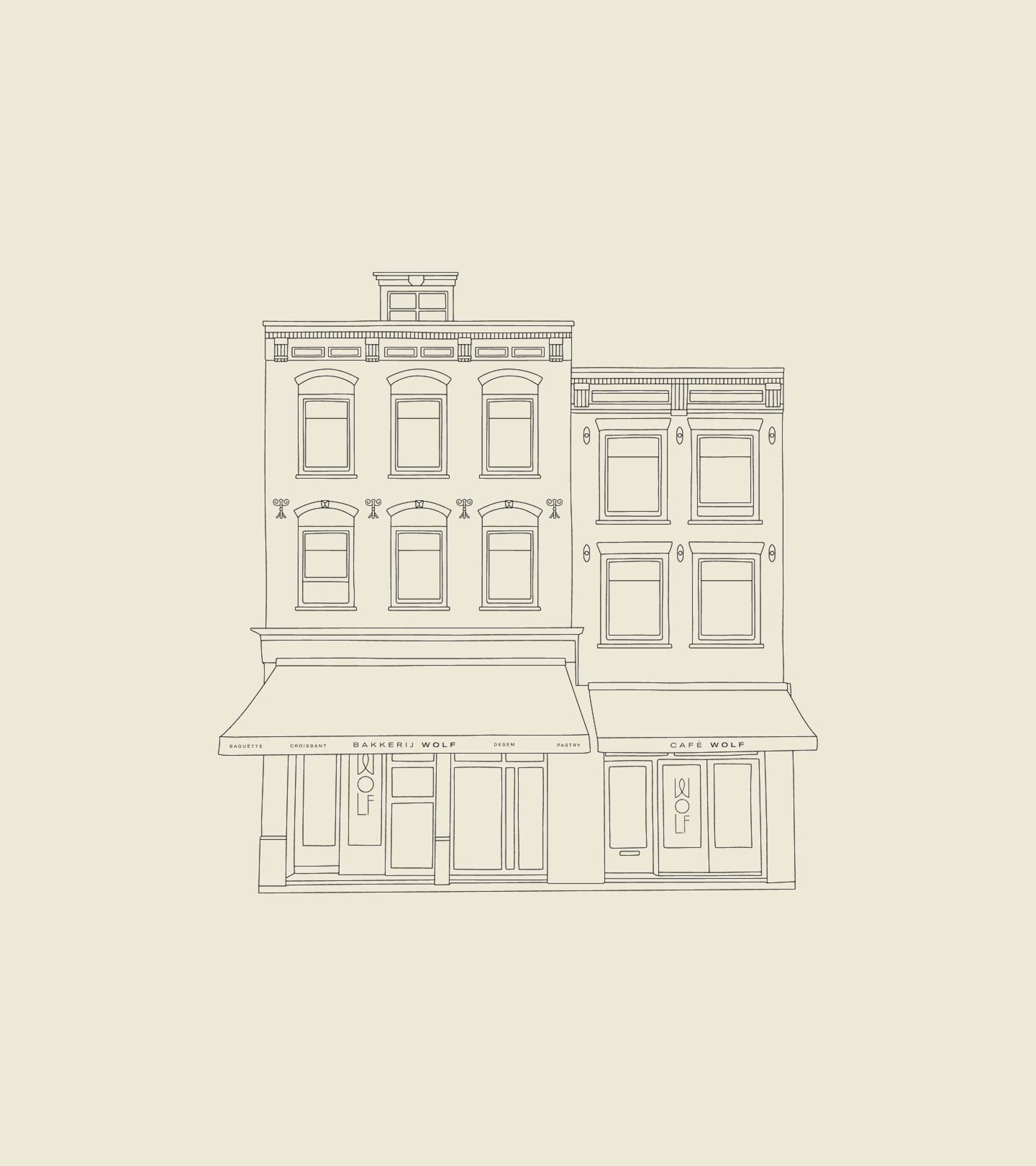 An illustration of Wolf's building on a beige background