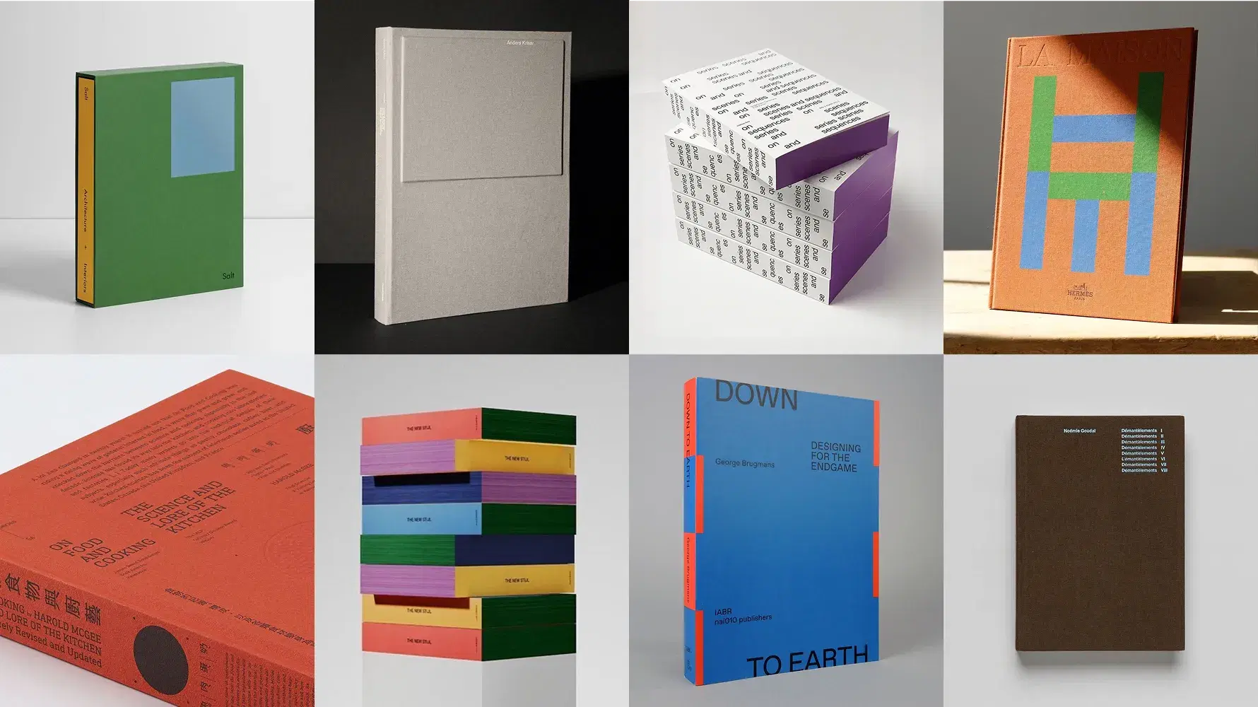 A collage of nine book covers, each with unique, minimalist designs and varied color schemes, against a neutral background.