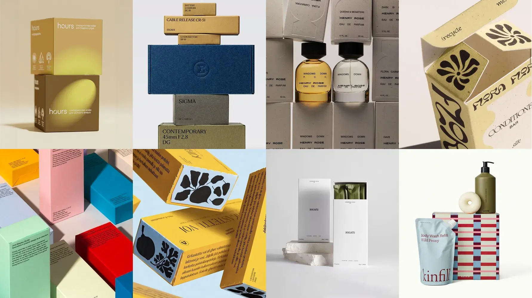 A collage of various modern and minimalist product packaging designs, featuring boxes, bottles, and sachets in diverse colors and materials.