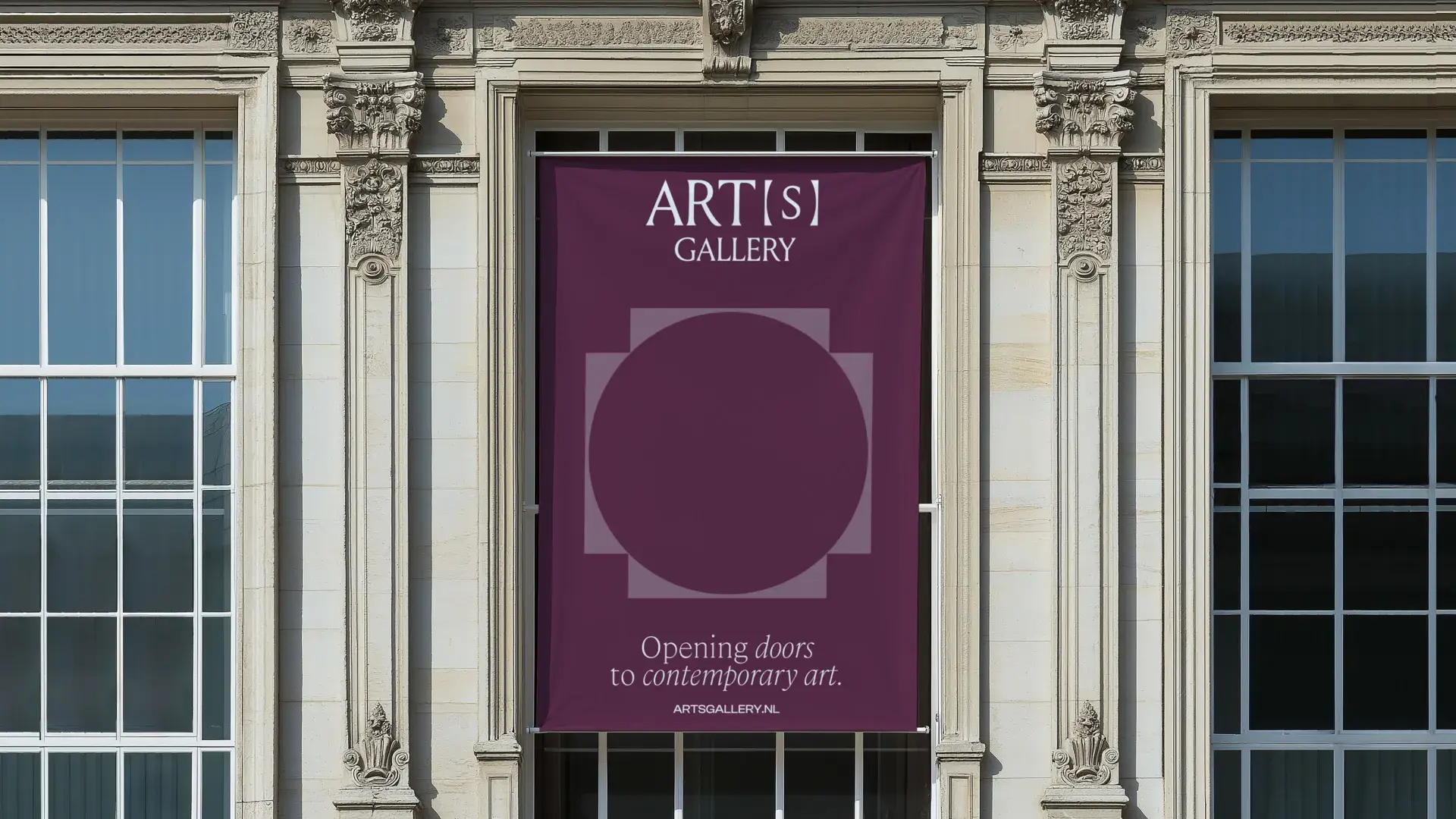 Banner on ornate building facade reads "ART[s] GALLERY: Opening doors to contemporary art" with geometric design.