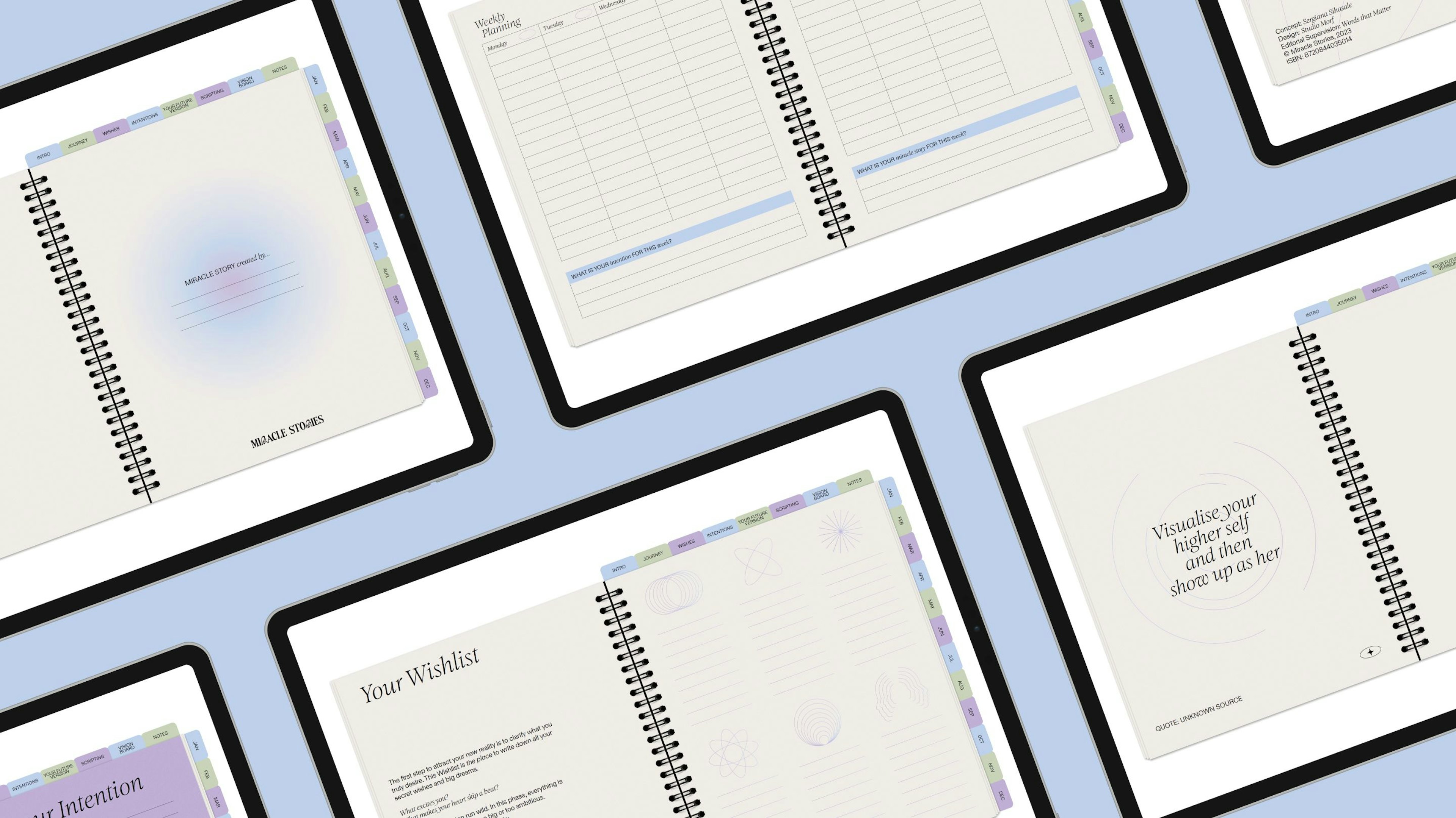 an overview of pages of the digital manifestation planner for miracle stories