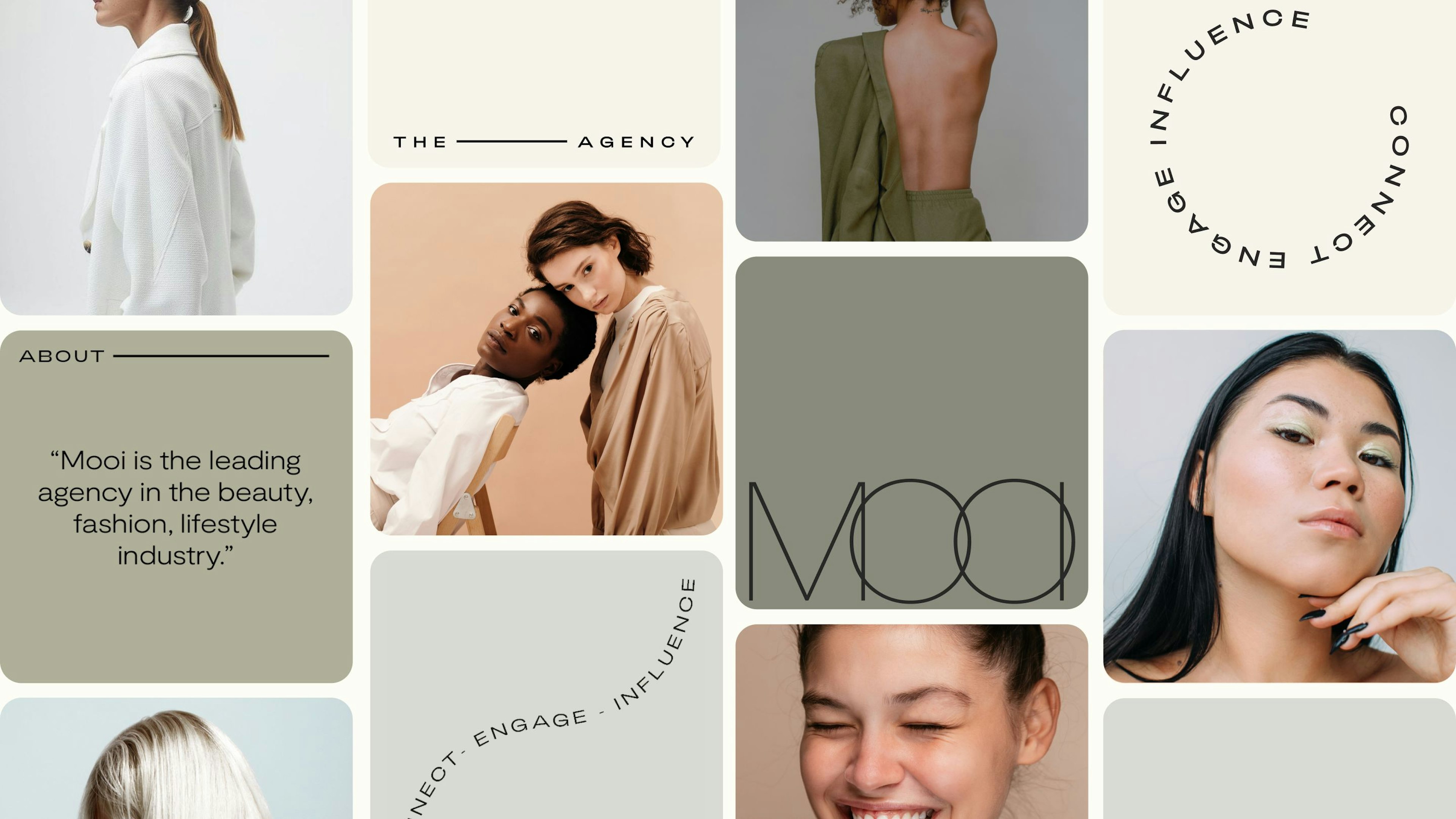 A vertical overview of social media with different images of women and the logo