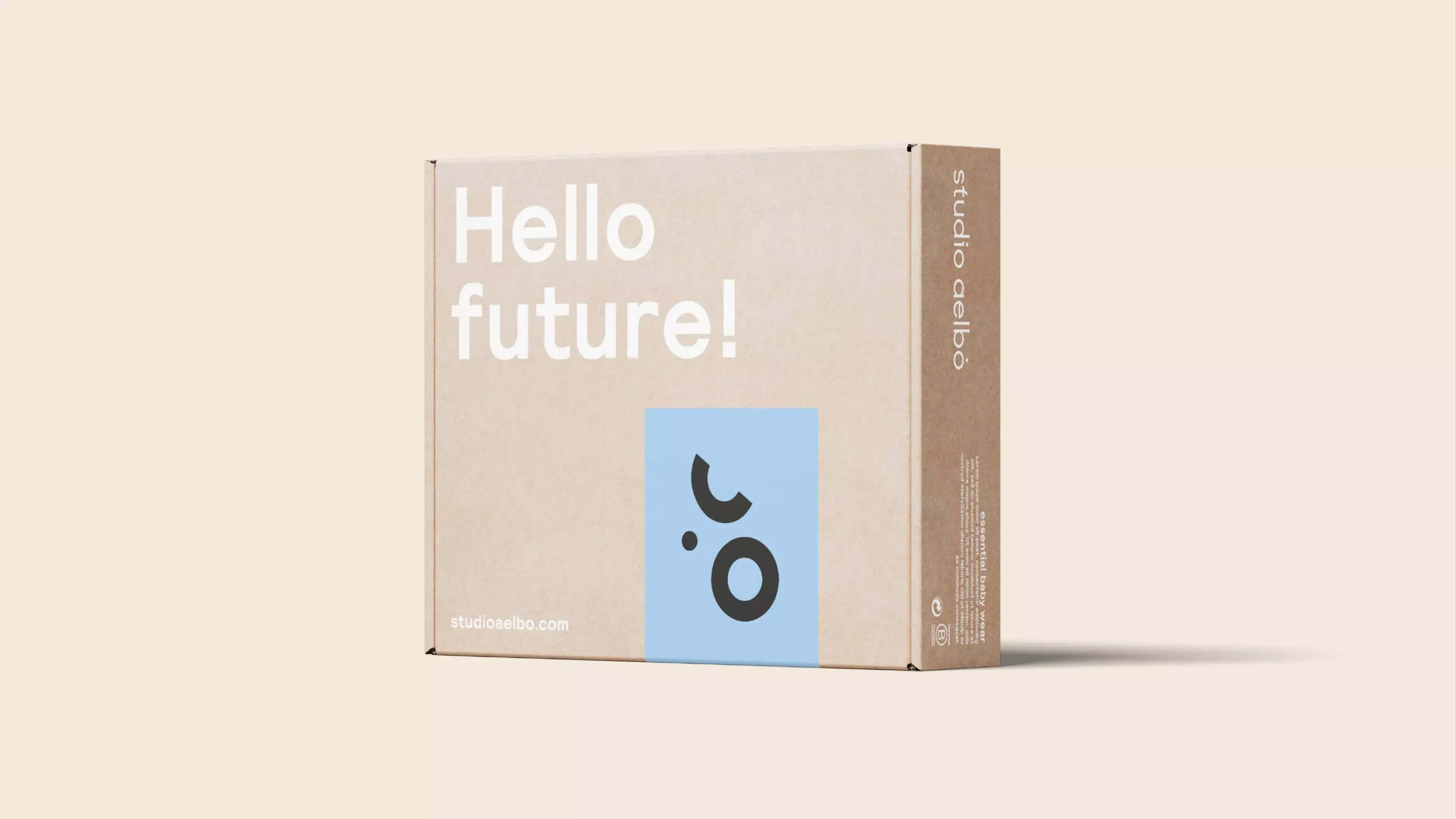 A packaging box titled: 'Hello Future' on a light background