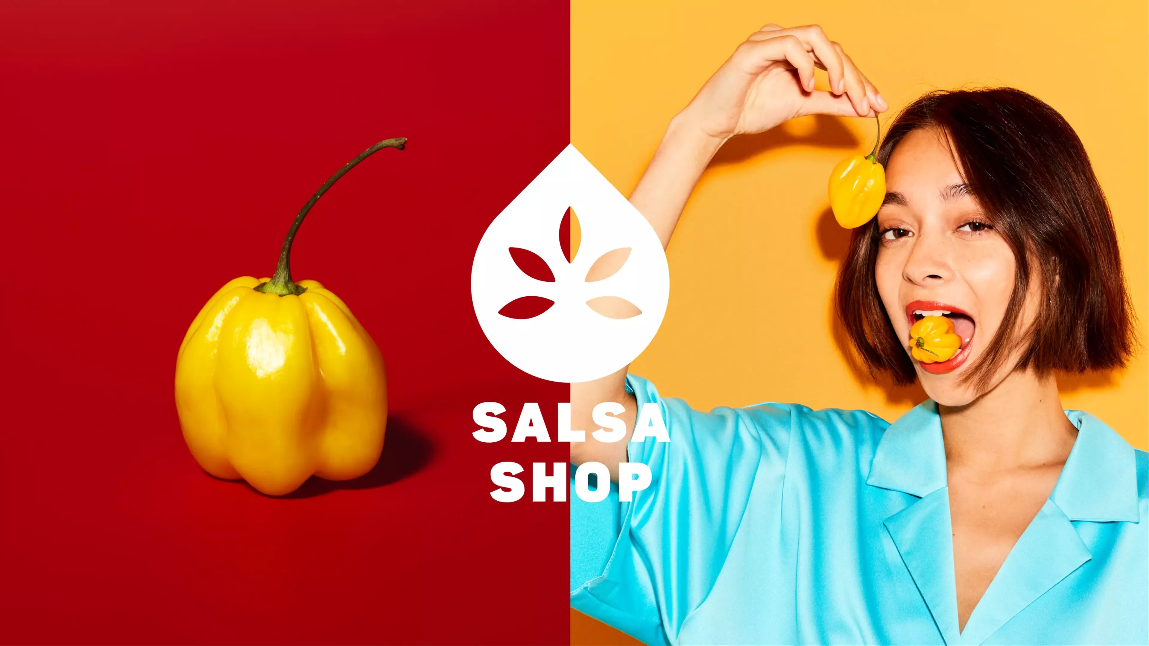 Salsa Shop's logo with an image of a yellow sweet bell pepper and a woman eating a pepper