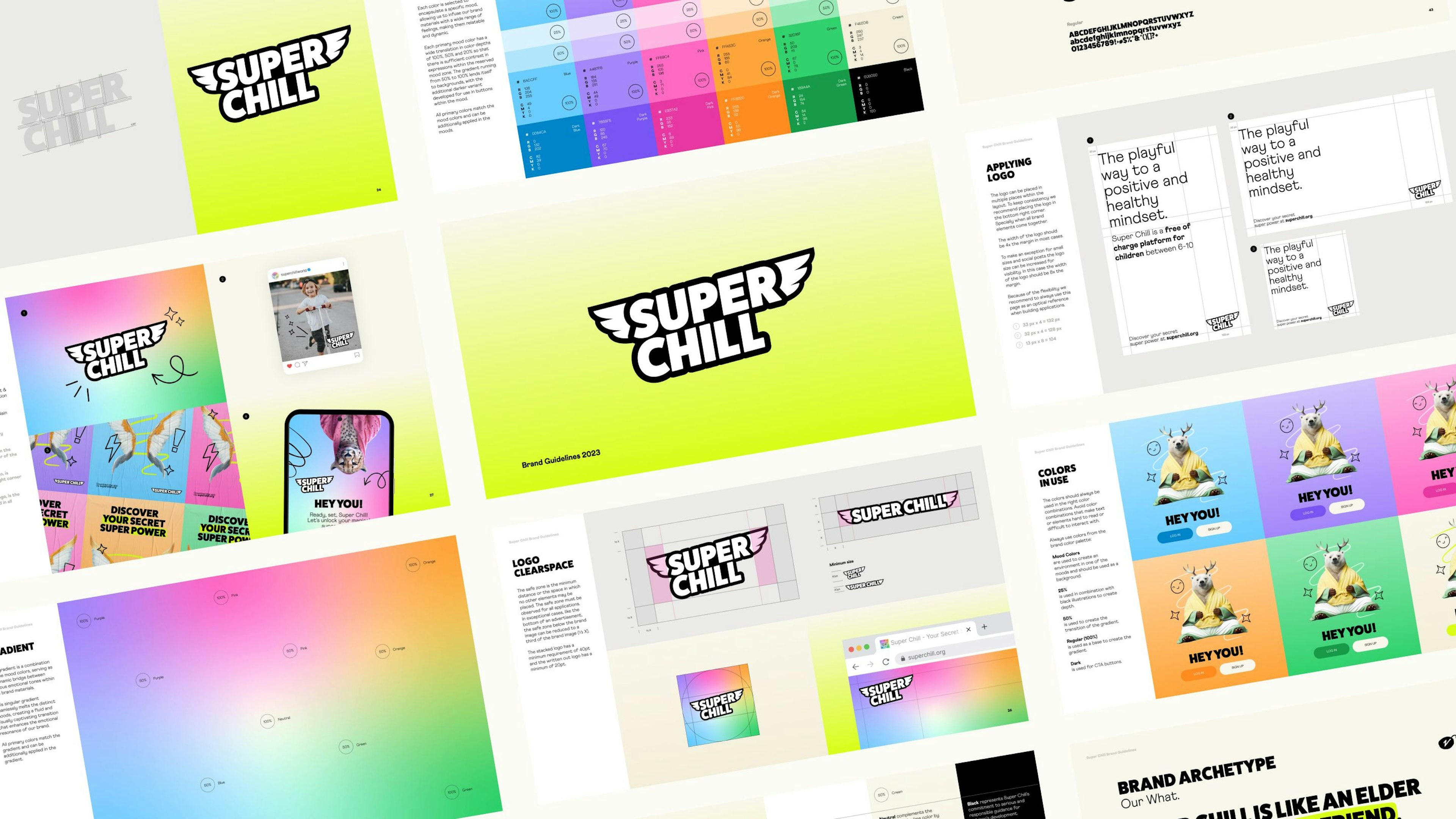 The display of the entire brand book for Super Chill with pages on the colors used, logo and implementation