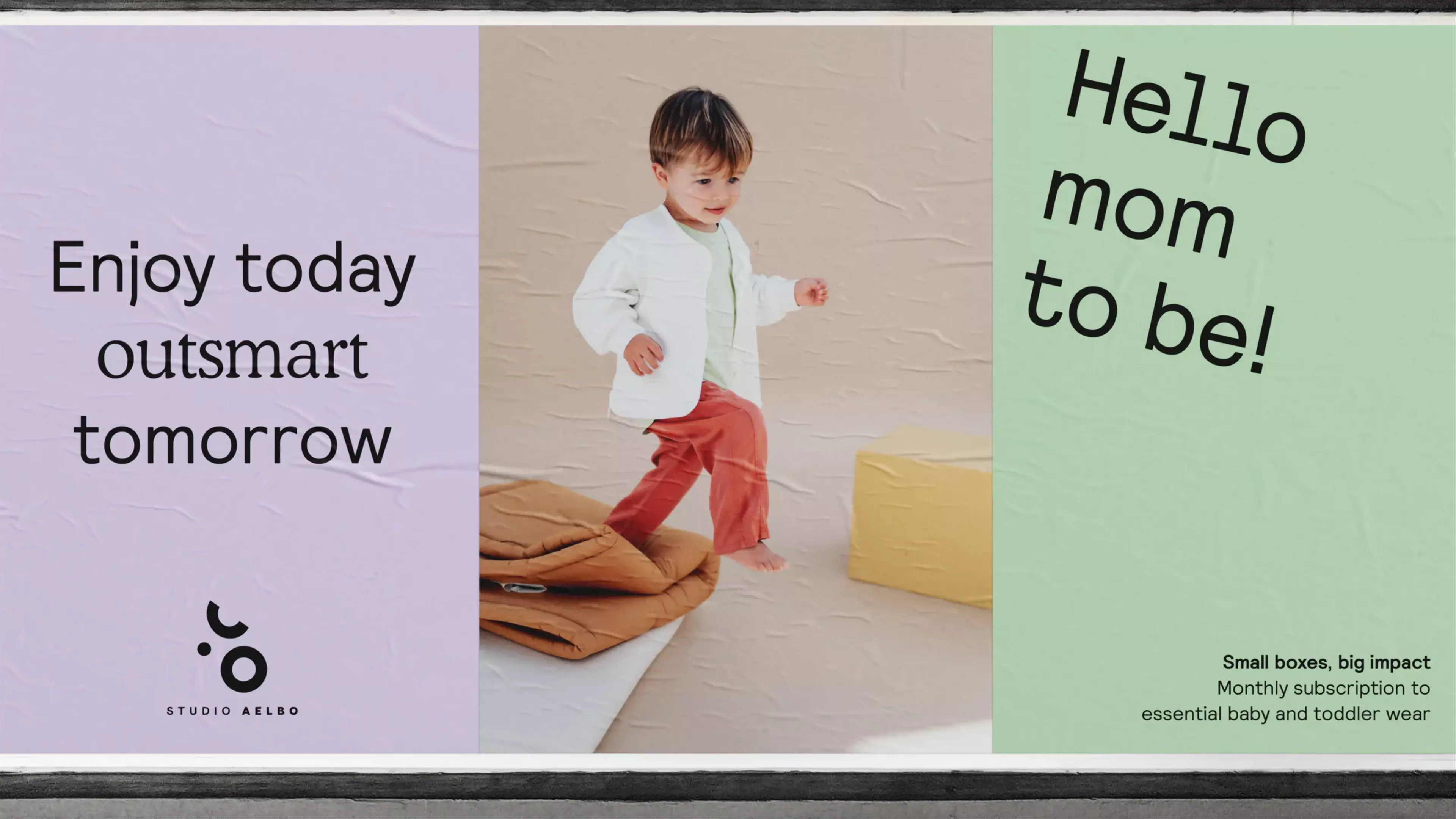 A billboard with three posters with a light green and purple color and an image of a young boy walking across the room