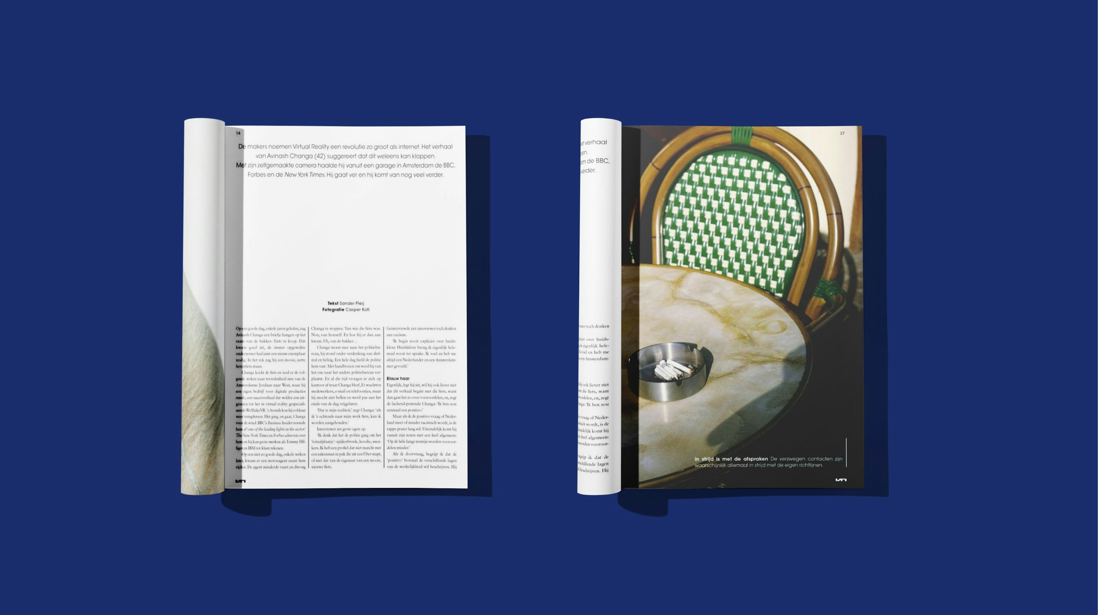 Two mockups of a magazine side by side on a dark blue background