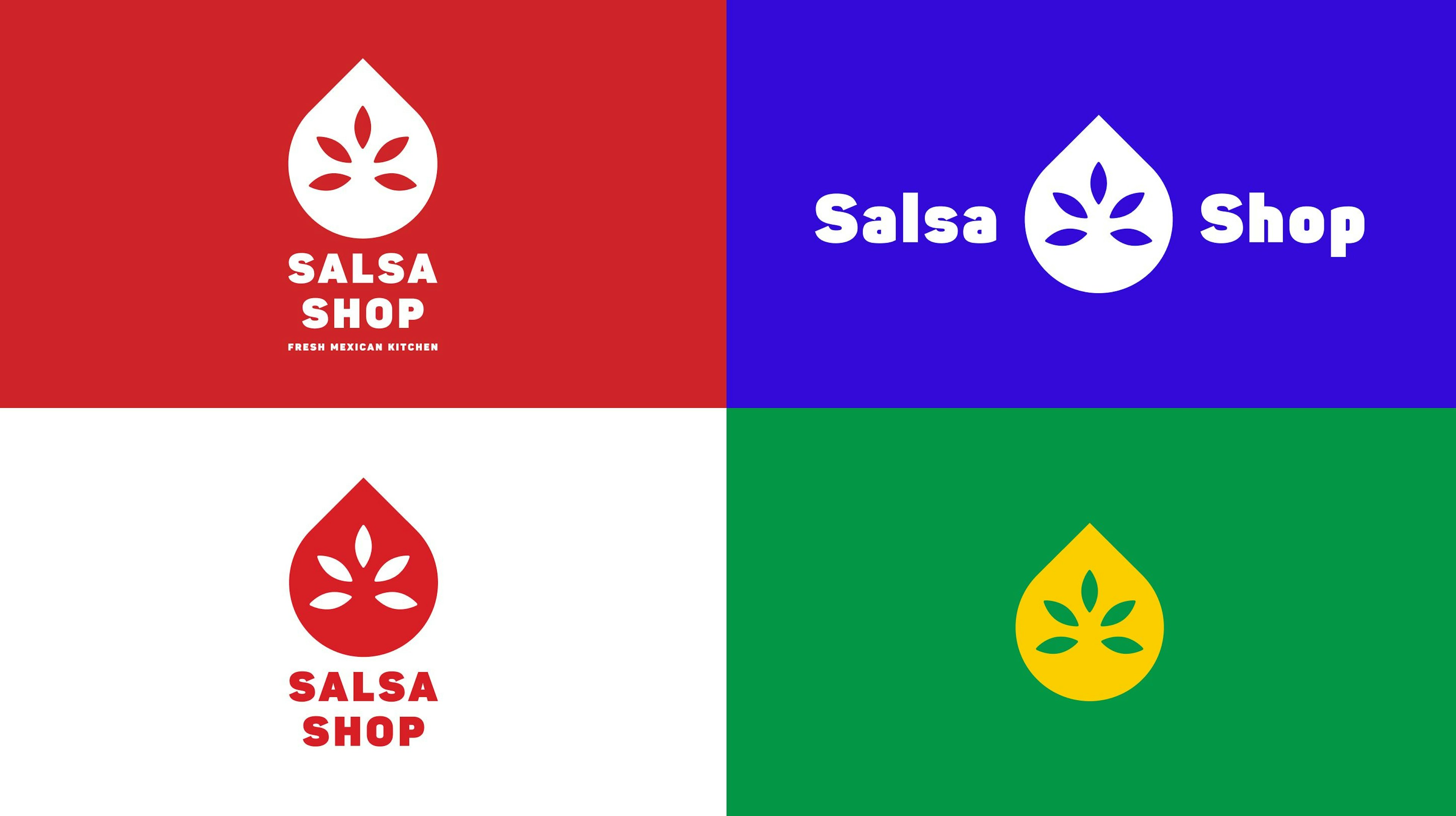 Four variations of the logo and logo mark of Salsa Shop in the colors red, green, blue and yellow