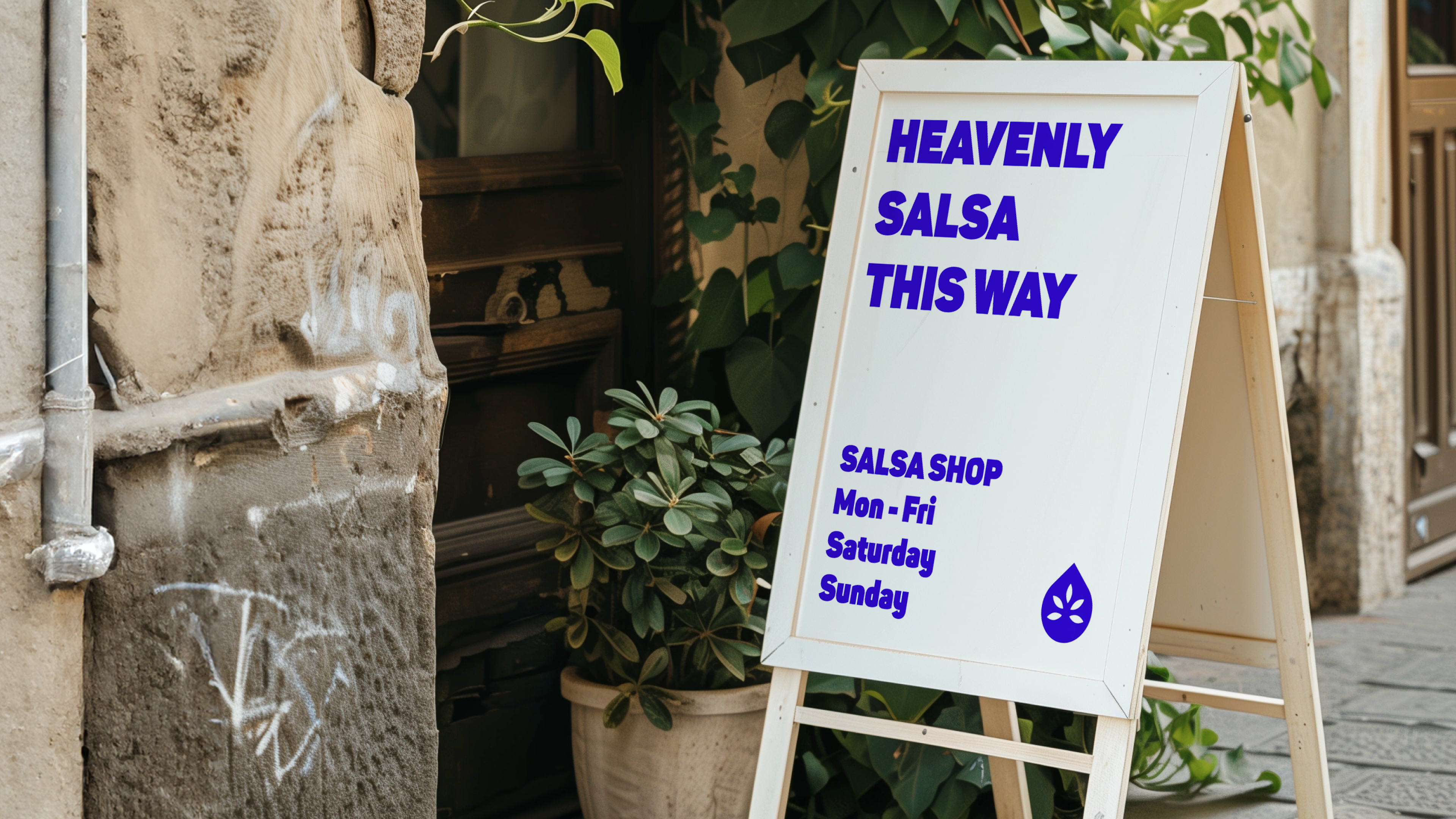 A white sign in the middle of a street showing the opening hours of the Salsa Shop