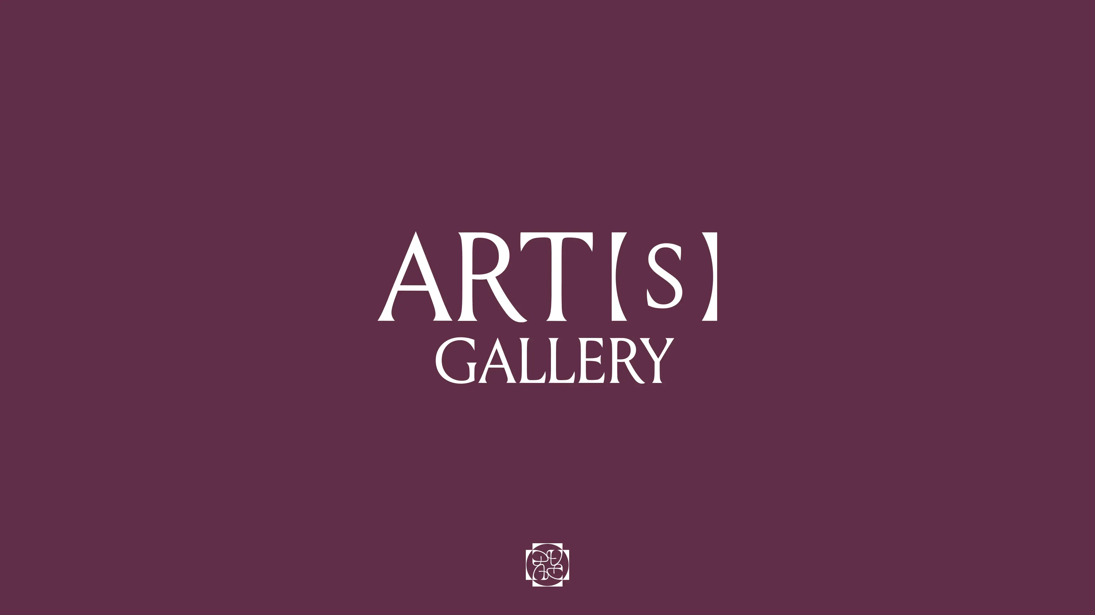 Burgundy backdrop with logo and logomark of ART[s] Gallery