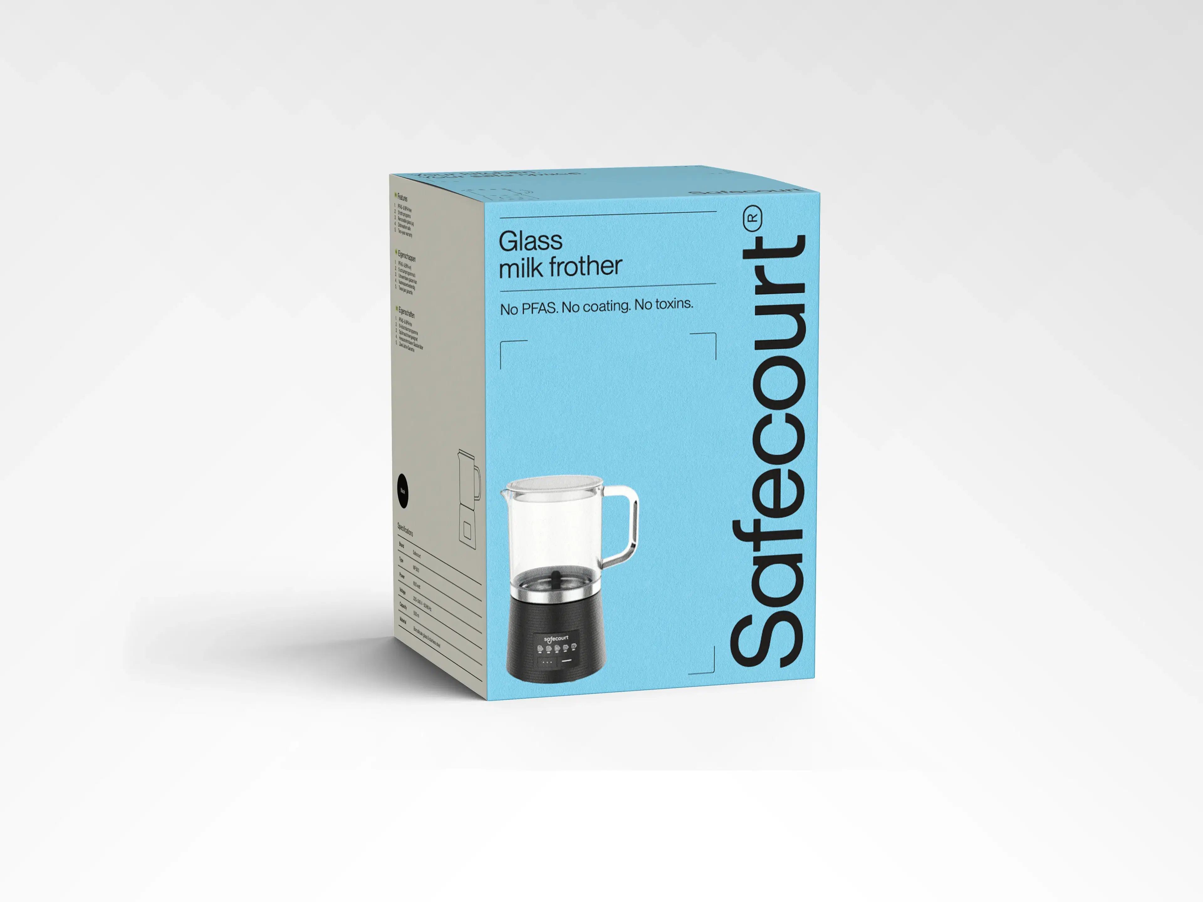 Safecourt blue packaging box with picture of a milk frother
