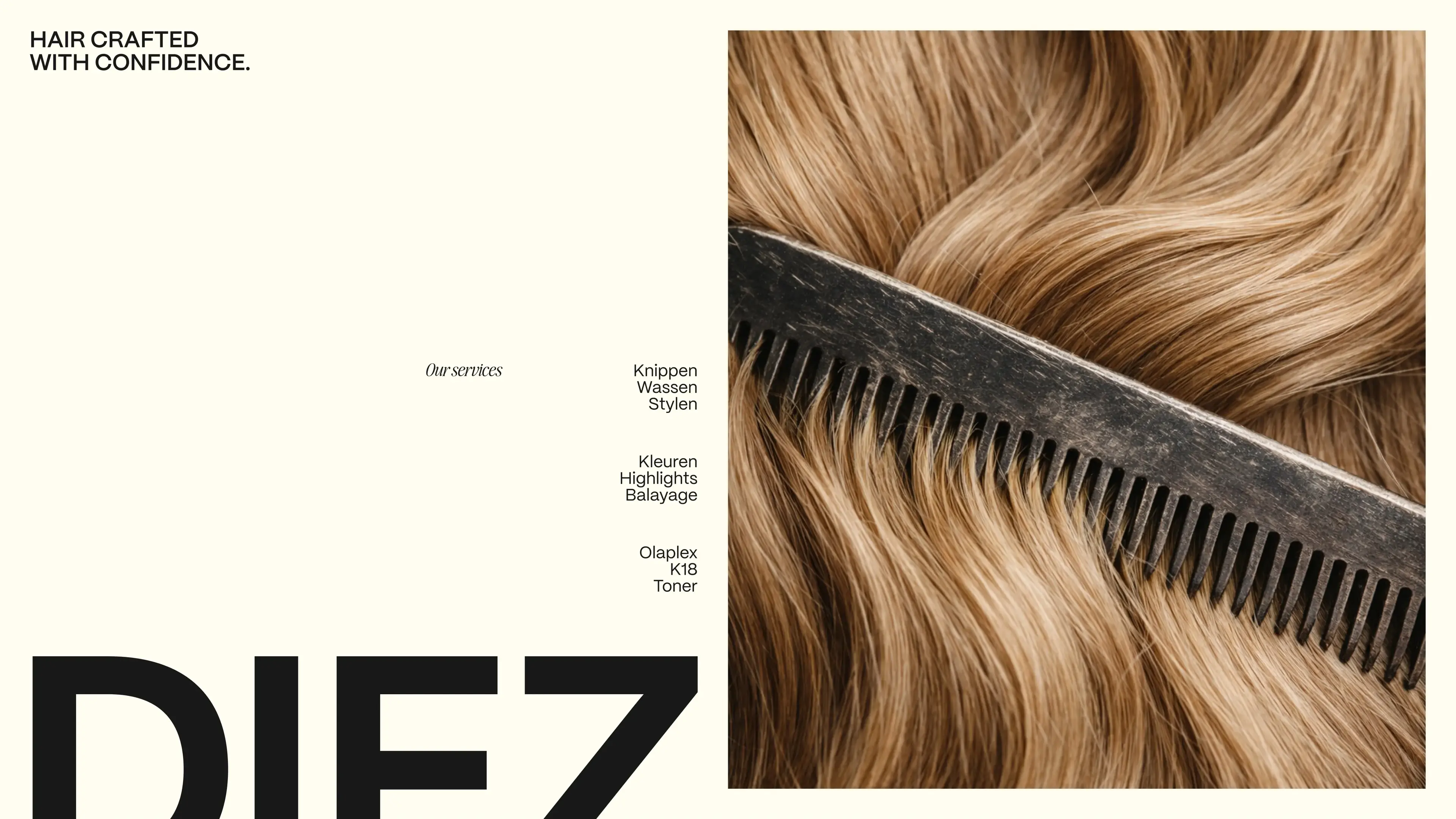 Close-up of a hairstyling comb through wavy blonde hair, with salon services listed against a beige background.