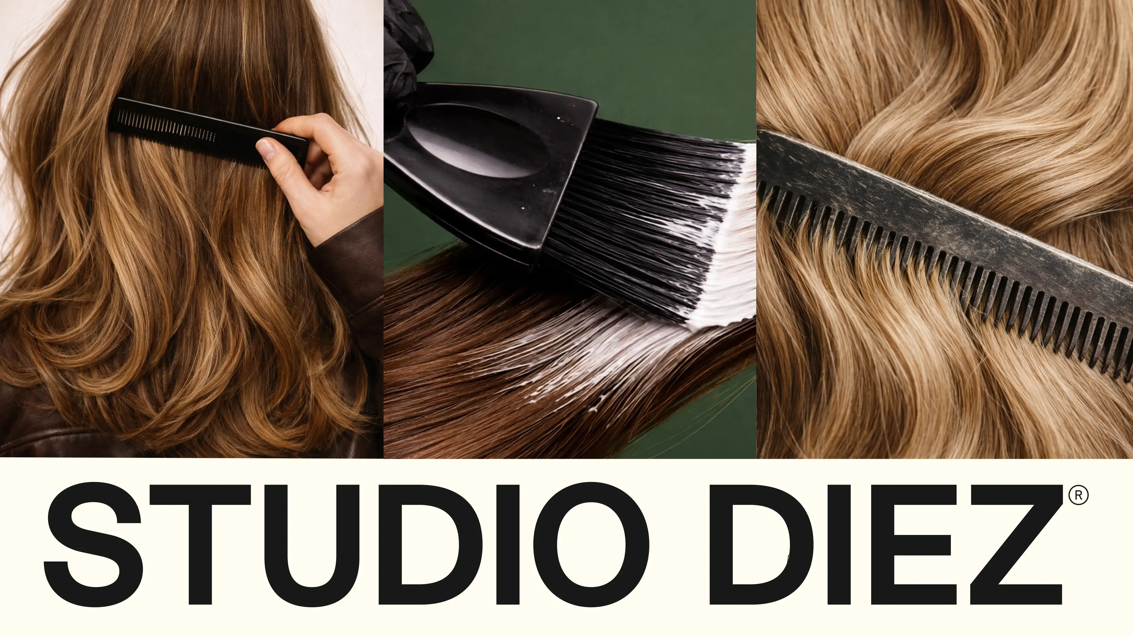 Split image: woman combing brown hair, hair coloring with a brush, close-up of wavy blond hair. Text reads "Studio Diez."