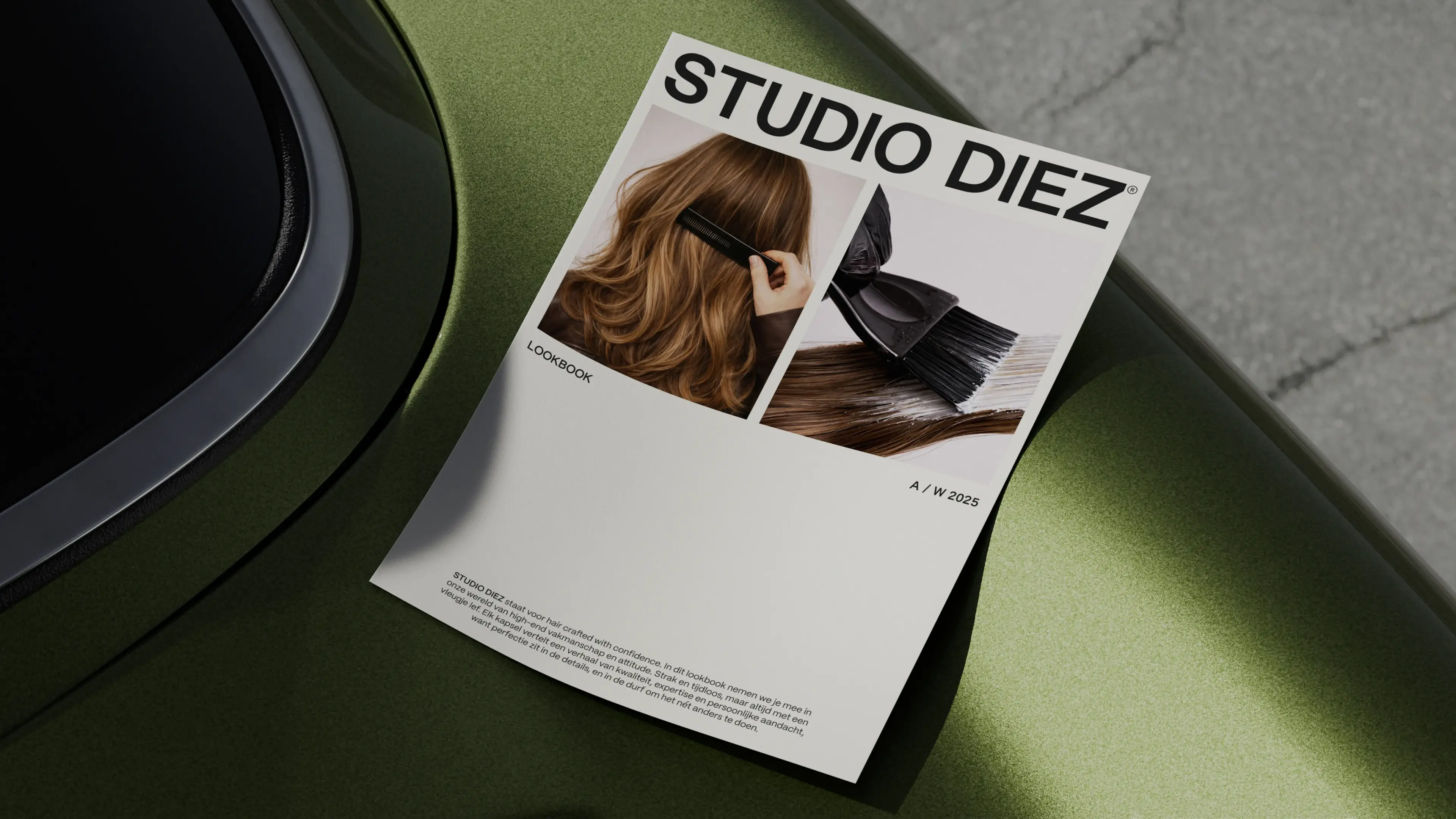 A hair salon lookbook titled "STUDIO DIEZ A/W 2025" on a green car surface, featuring images of hair styling with a brush.