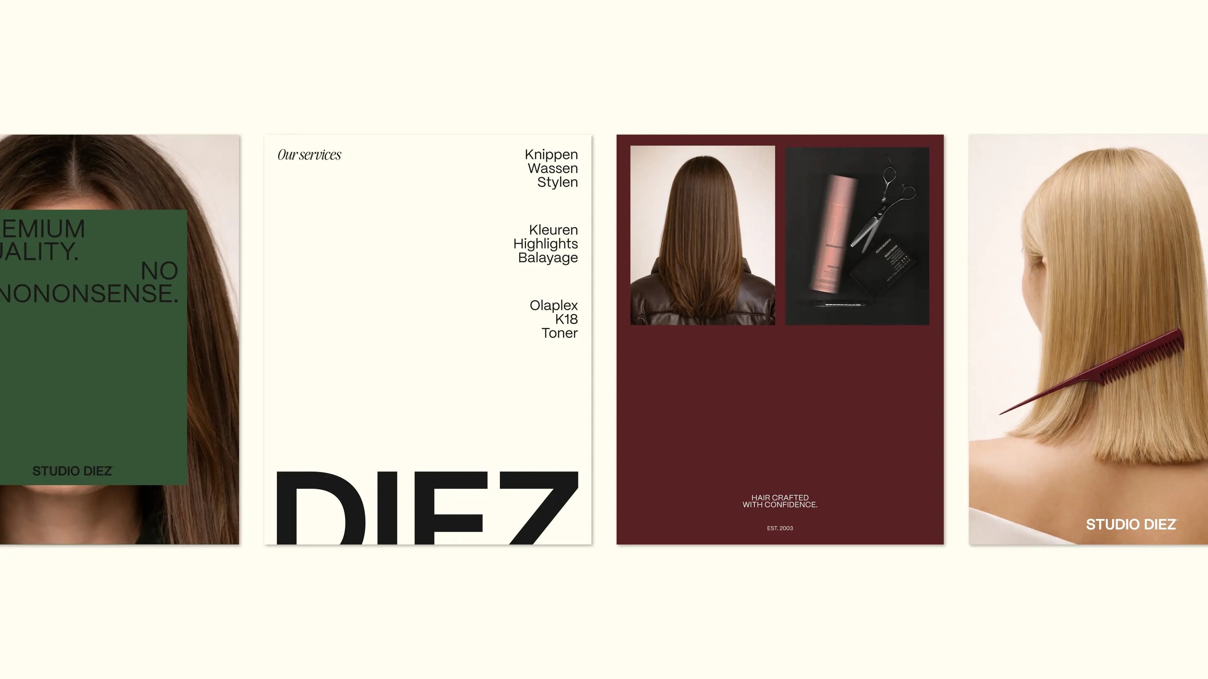 four posters featuring text and images of hair, showcasing haircuts and styling products from Studio Diez against minimalist backgrounds.