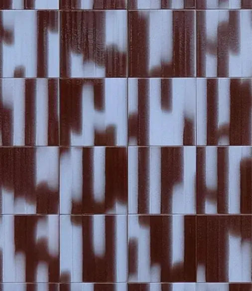Brown and white tiles arranged in a grid pattern, creating an abstract design with alternating vertical stripes.