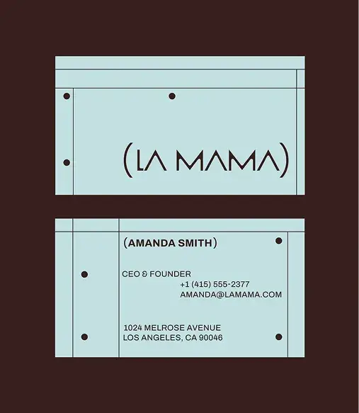 Business card for "La Mama" with contact info: Amanda Smith, CEO & Founder. Includes phone number, email, and address in Los Angeles.