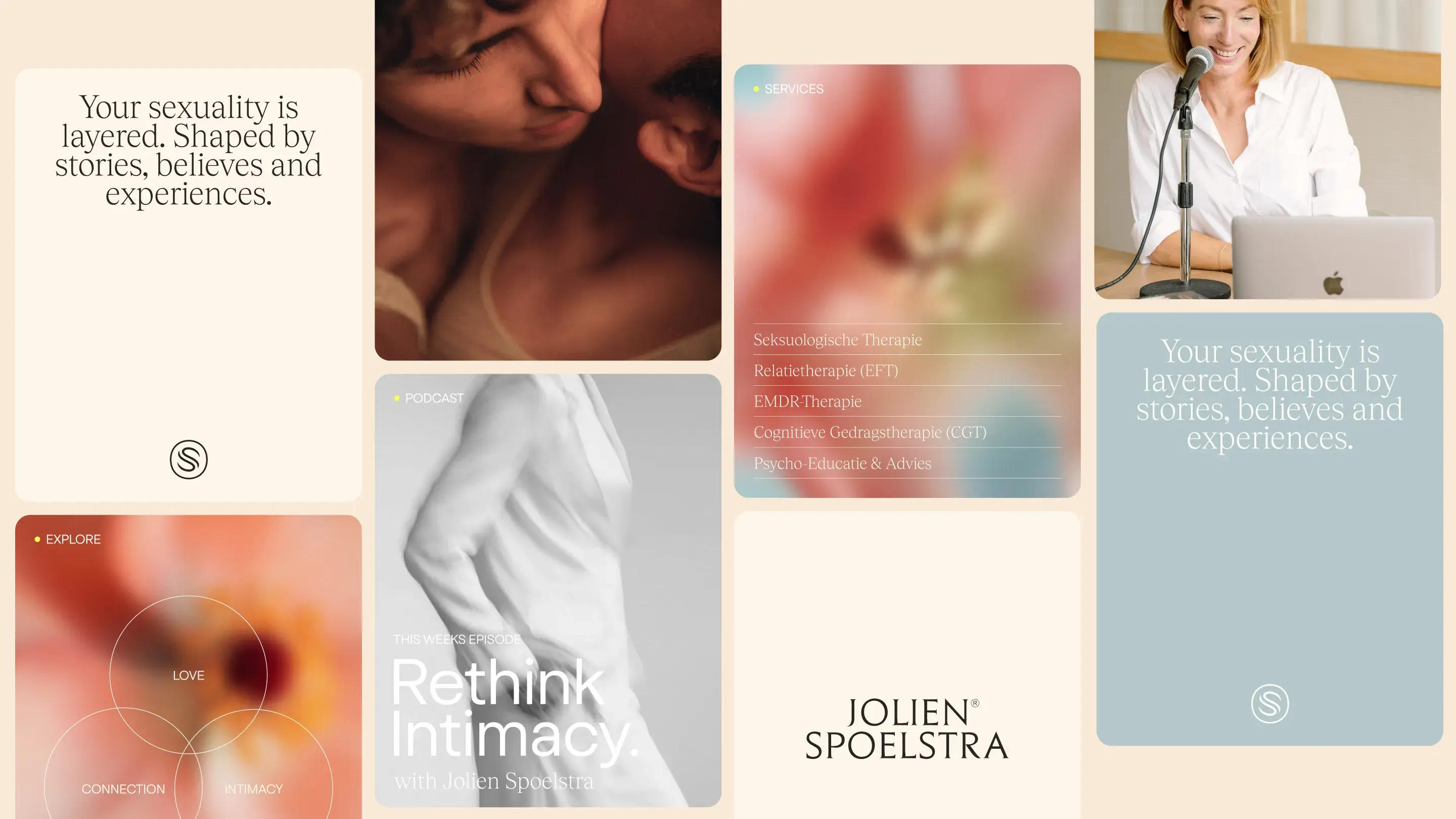 A collage featuring text about sexuality, therapy options, a podcast titled "Rethink Intimacy," and a woman speaking into a microphone.