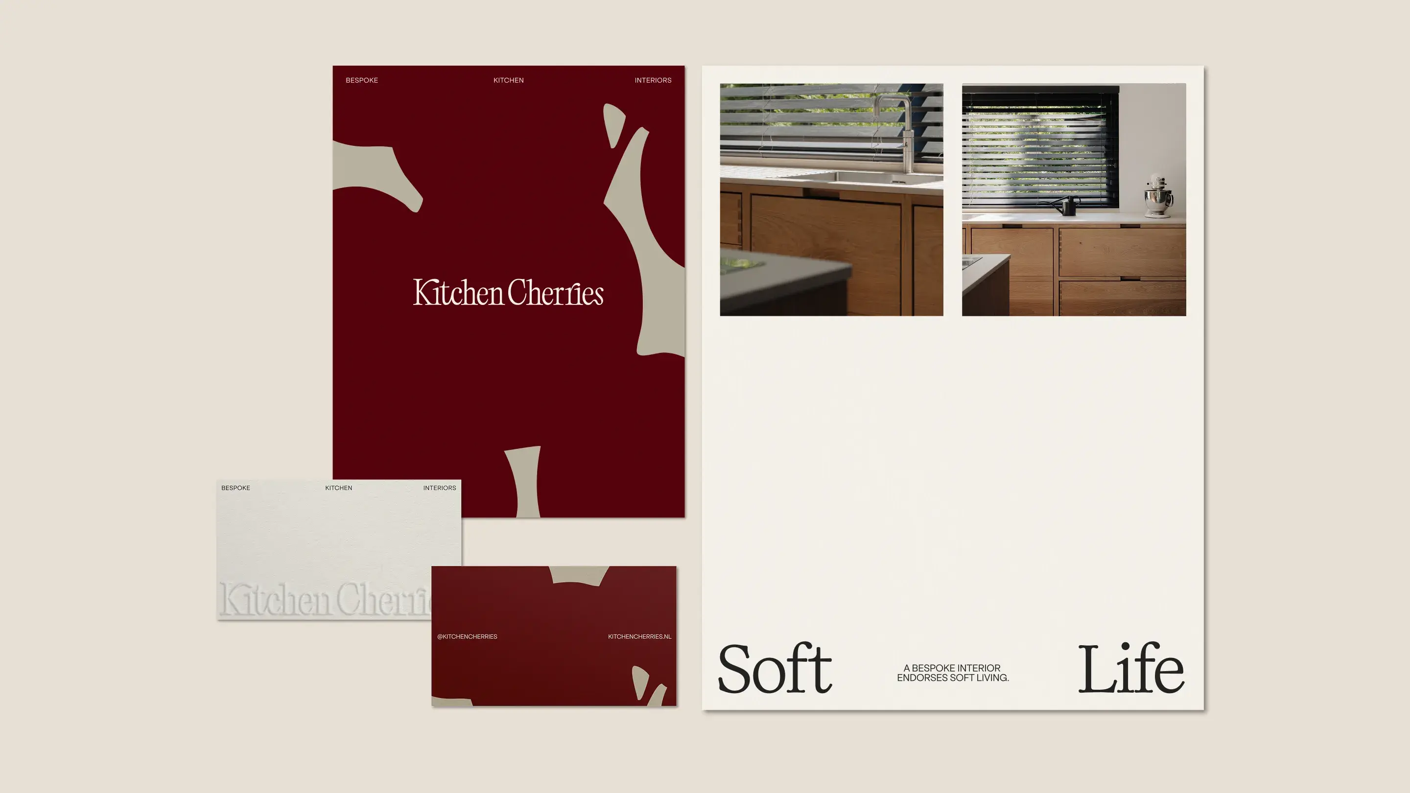 Brand stationery mockup: burgundy "Kitchen Cherries" poster and matching cards beside a white brochure showing photos of oak kitchen cabinets and "Soft Life".